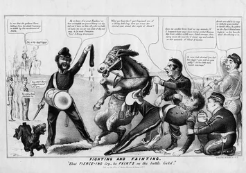Boj a omdlévání: ten Piercův pláč – omdlévá na bitevním poli, vydalo nakladatelství Strong Litho, New York, kolem roku 1852