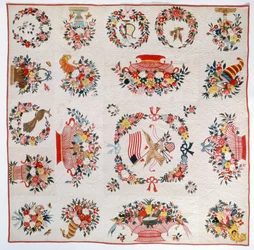 Přikrývka s vlajkou a květinami, cca 1860 (bavlna)