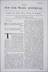 Titulní strana New-York Weekly Journal pojednávající o svobodě tisku
