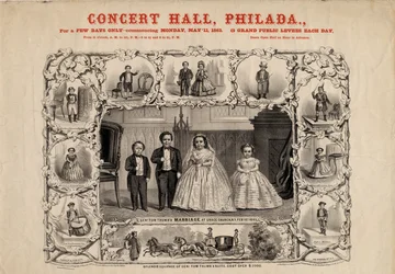 Generál Tom Thumb s manželkou, Com. Nutt a slečna Minnie Warrenová, nakladatelství Currier & Ives, 1863.