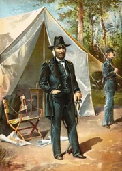 Generál Ulysses S Grant stojící před svým stanem během americké občanské války, hospoda. 1892