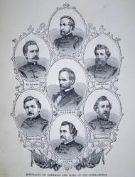 Generál William Tecumseh Sherman (1820-91) a někteří z jeho velitelů armády Unie (rytina)