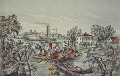Vysoká voda v Mississippi, hospoda. 1868, Currier & Ives