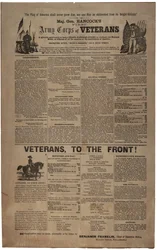 Ilustrovaný náborový plakát z Filadelfie pro první armádní sbor veteránů generálmajora Hancocka, včetně muže a ženy Unie, únor 1865