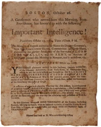 Důležitá inteligence! (oznamuje kapitulaci Cornwallise v Yorktownu), malá širokoúhlá strana vytištěná M. Willisem, Boston, 26. října 1781