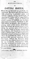 Úvodní stránka k The Adventures of Louisa Baker vytištěná Lutherem Walesem, New York, 1815