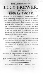 Úvodní strana k knize The Adventures of Lucy Brewer, kterou vytiskl H. Trumbull, Boston, 1815.