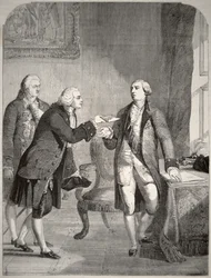 John Adams (1735-1826) jako první americký velvyslanec u anglického dvora, předal své pověřovací listiny králi Jiřímu III. (1738-1820) (litografie)