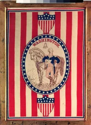 Šátek zobrazující celovečerní jezdecký portrét George Washingtona, kolem roku 1876 (bavlna)