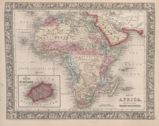 Mapa Afriky zobrazující její nejnovější objevy s ostrovem Svaté Heleny vloženým z Mitchellova nového obecného atlasu, 1863 (barevná rytina)
