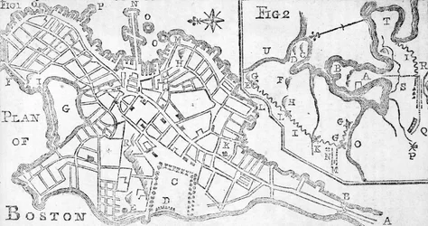 Mapa Bostonu, vytištěná v Bickerstaffs Albany Almanack, 1776 (tisk)