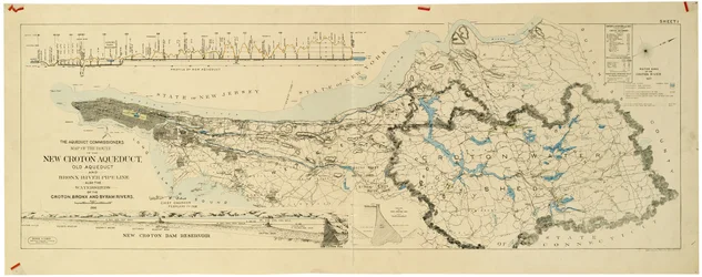 Mapa nového akvaduktu Croton, starého akvaduktu a potrubí řeky Bronx také povodí Croton, Bronx