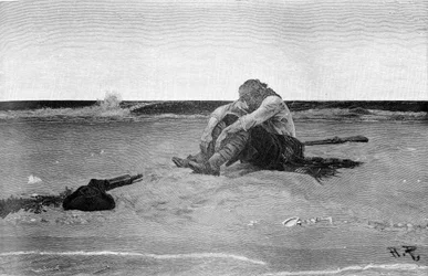 Opuštěný pirát podle knihy „Buccaneers and Marooners of the Spanish Main“ od Howarda Pylea (1853 - 1911), amerického ilustrátora. Grisaille. 1887.