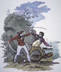 Mary Read bojuje s dalším pirátem, aby zachránila život svému milenci (barevná rytina)