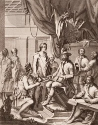 Montezuma předává svou říši španělskému králi, vzdává mu hold a slibuje poslušnost, od Antonia de Solis y Rivadeneira Solis Historie dobytí Mexika, vyryla Ximeno