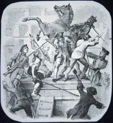 Newyorští rebelové strhli sochu nenáviděného anglického Jiřího III. (litho)