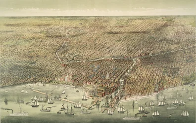 Panoramatický pohled na město Chicago, pub. 1892 (barevná litografie)