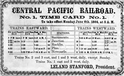 Fotografický tisk původního jízdního řádu Central Pacific Railroad Companys pro 6. června 1864, 1864