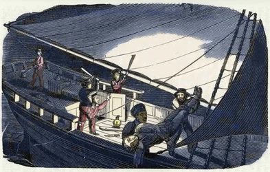 Pirát Charles Gibbs (počátek 19. století) zabije kapitána Thornbyho a hodí ho do moře. Rytina z knihy "The pirate own book" z roku 1837.