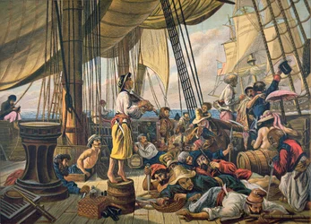 Piráti pokoušející se překazit loď amerického námořnictva tím, že se vydávají za nevinnou obchodní loď (barva litho)