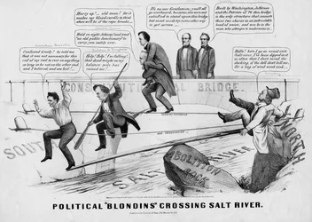 Political Blondins Crossing Salt River, publikoval Currer & Ives, New York, 1860