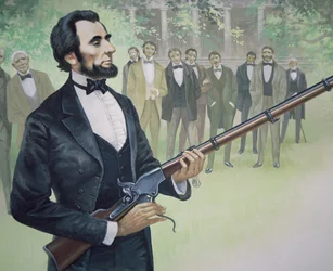 Prezident Abraham Lincoln testuje střelbu ze sedmiranné opakovací pušky Spencer v srpnu 1863 (barva litho)