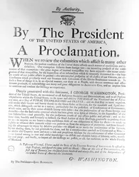 Provolání prezidenta George Washingtona (1732-99), kterým se čtvrtek 19. února 1795 vymezuje jako den veřejného díkůvzdání a modliteb (novinový tisk)