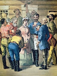 Prospektoři se shromáždili kolem ženy ve zlatém táboře (barva litho)