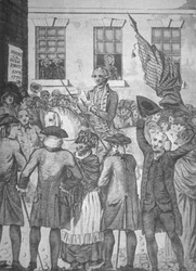 Čtení Deklarace nezávislosti veřejnosti v roce 1776 (litho)