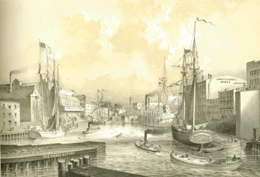 Rush Street Bridge, Pohled ze State Street, od Chicago Illustrated, s literárními popisy Jamese W. Sheahana, vydal Jevne & Almini, Chicago, 1866-67