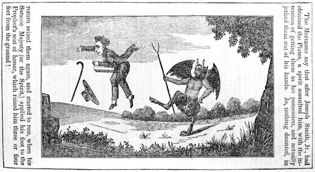 Satan kope Josepha Smitha (1805-44) ze zadní strany Anti-Mormonského almanachu pro rok 1842