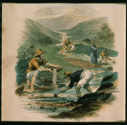 Scéna na větvi Sacramenta v roce 1597, ilustrace z Kalifornie, její minulá historie, současná pozice, její budoucí vyhlídky od G.A. Fleming, 1850