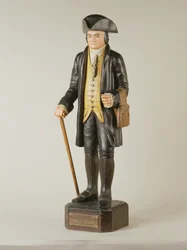 Socha Diedricha Knickerbockera, která stála v Knickerbocker Hall v New Yorku, kolem roku 1850-67 (malované dřevo)