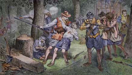 Osada Jamestown, Virginie v roce 1607 (barevná rytina)