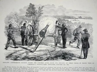„Ostřelování konfederační kavalérie přes řeku Potomac z výšin Great Falls...“, 4. října 1861 (litho)