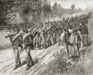Shermanova armáda na pochodu k moři v roce 1865, z „Stručné historie Spojených států“, vydané nakladatelstvím A. S. Barnes und Co. v roce 1885