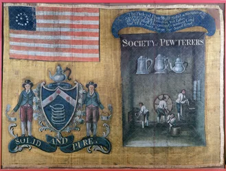 Hedvábný prapor Společnosti cínařů z New Yorku, nesený ve federálním průvodu, 23. července 1788 (textil)
