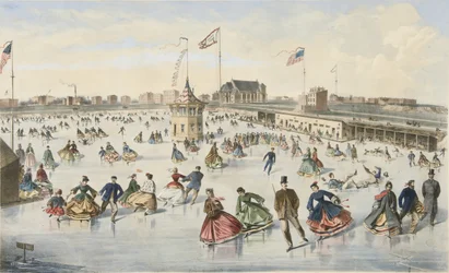 Bruslení na Union Pond, hospoda. 1863 (barevné lito)