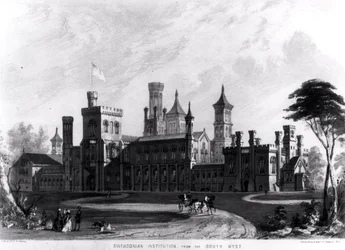 Smithsonian Institution z jihozápadu, z „Hints on Public Architecture“ od Roberta D. Owena, vyryl Sarony und Major, 1849