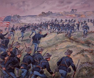 Španělsko-americká válka 1898, americké jednotky zaútočily na San Juan Heights na Kubě (barva litho)