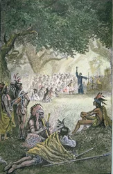 Španělští jezuitští misionáři konvertující domorodé Američany v Kalifornii v 17. století (barevné lito)