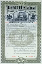 Vzorový dluhopisový certifikát na 1000 dolarů pro Mexican International Railroad Company, 1897