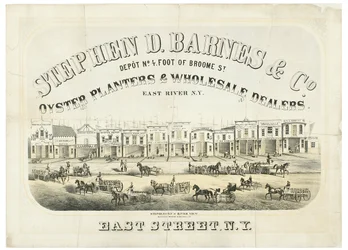 Stephen D. Barnes & Co. Sázecí stroje na ústřice a velkoobchodní prodejci, sklad č. 4 stopy od Broome Street