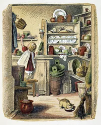 Skladování v kuchyni v „“ Schnick, schnack, drobnosti pro nejmenší“, dětské hry. vyd. Londýn – Georges Ronthedge a synové. New York, Široká cesta Ludgate n.d. C. 1890.