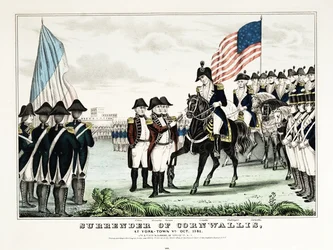 Cornwallisova kapitulace v York Town, VA, říjen 1781, vyd. Currier  Ives