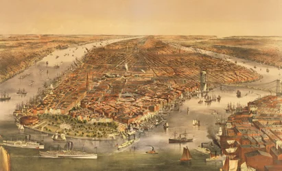 Město New York, hospoda. Currier a Ives, 1870