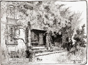 Dům Johna Bartrama poblíž Philadelphie, z časopisu The Century Illustrated Monthly Magazine, vydaného v roce 1884 (dřevoryt)