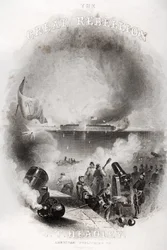 Ilustrace na titulní straně Útok na Fort Sumter v roce 1861, z „Velkého povstání“ od J.T. Headley, publikoval 1866
