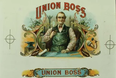 Štítek na krabičku doutníků „Union Boss“, kolem roku 1897 (litho)