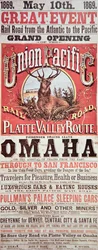 Plakát Union Pacific Railroad propagující první transkontinentální železnici napříč USA
